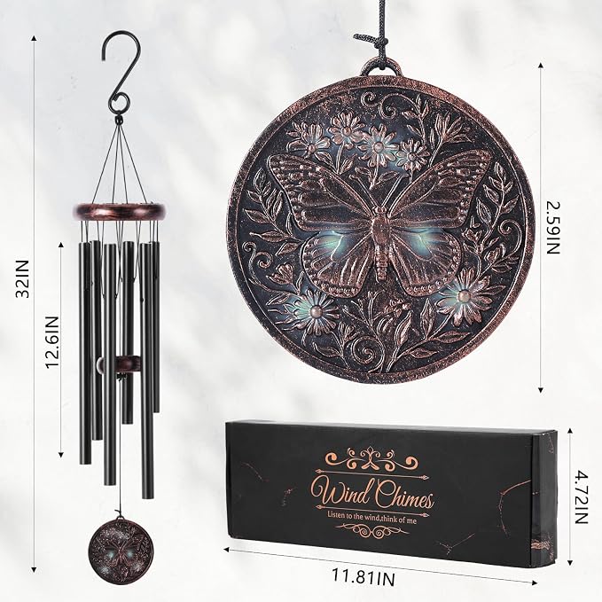 Butterfly Wind Chime for Outside – Vintage Copper 3D Embossed Butterfly Wind Catcher Deep Tone, Resin Medallion Garden Outdoor Hanging Décor Ornament, Gifts with Card Box for Women Men