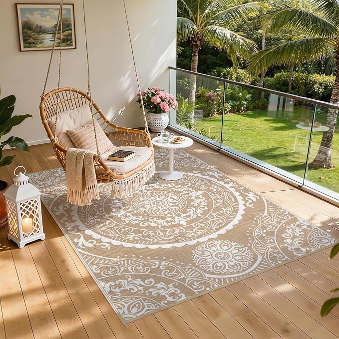Pauwer Waterproof Outdoor Rug 6x9, Reversible Plastic Straw Patio Camping Rug, Indoor Outdoor RV Mat Carpet for Deck, Camper, Porch, Balcony, Backyard, Picnic, Paisley Brown