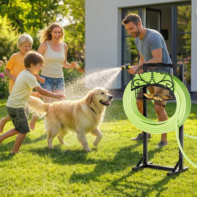 Stable Garden Hose Holder with Storage Basket and Tool Hooks, Heavy-Duty Water Hose Storage Metal Hose Hanger Holds 160Ft, Rustproof Freestanding Hose Holder for Outside,Yard,Lawn,Farm