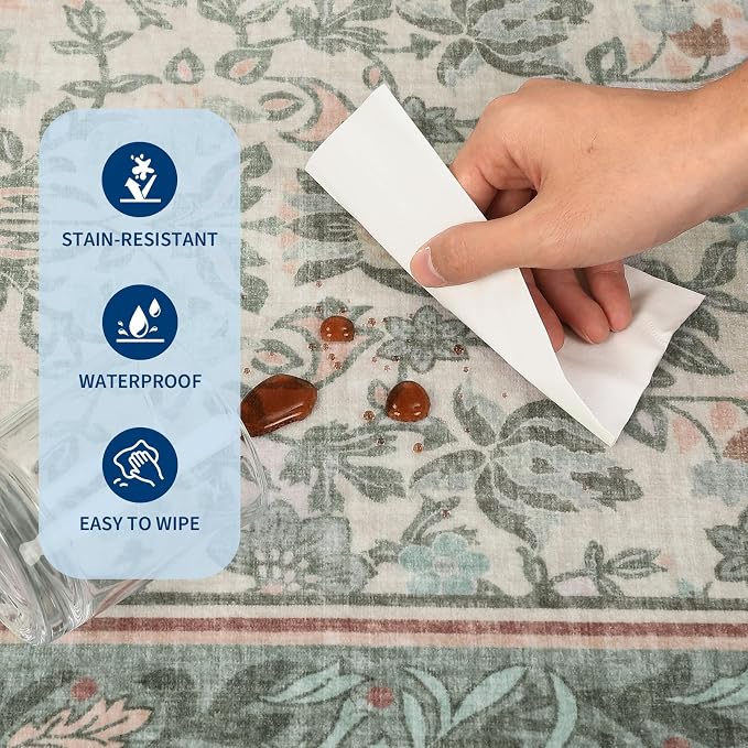 GarveeHome Washable 2x6 Hallway Runner Rug Non Slip Kitchen Rugs Sage Green | Boho Vintage Runner Rugs with Rubber Backing Soft Low-Pile Stain Resistant Indoor Long Carpet for Entryway Bedroom Laundry