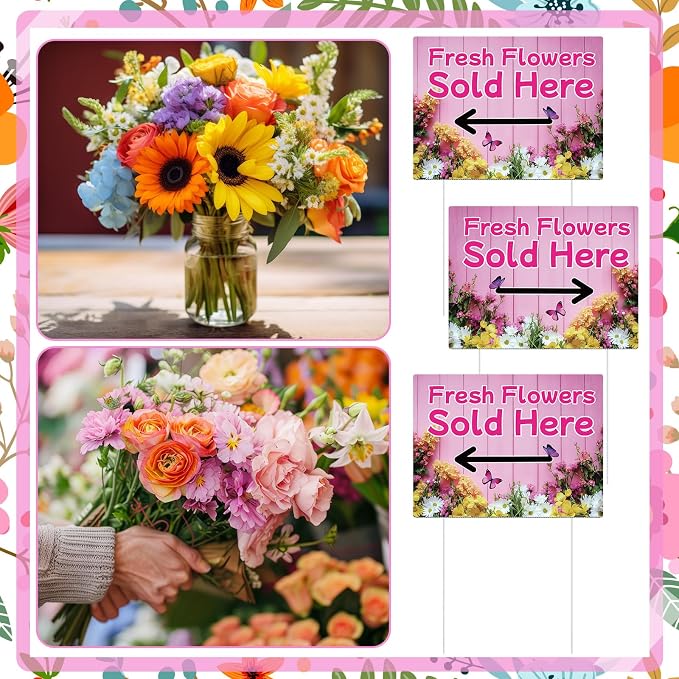 Pinkunn 3 Pack 16 x 12 Inch Fresh Flowers Sold Here Yard Signs with Stakes Double Sided Weatherproof Garden Signs for Shops, Markets Events