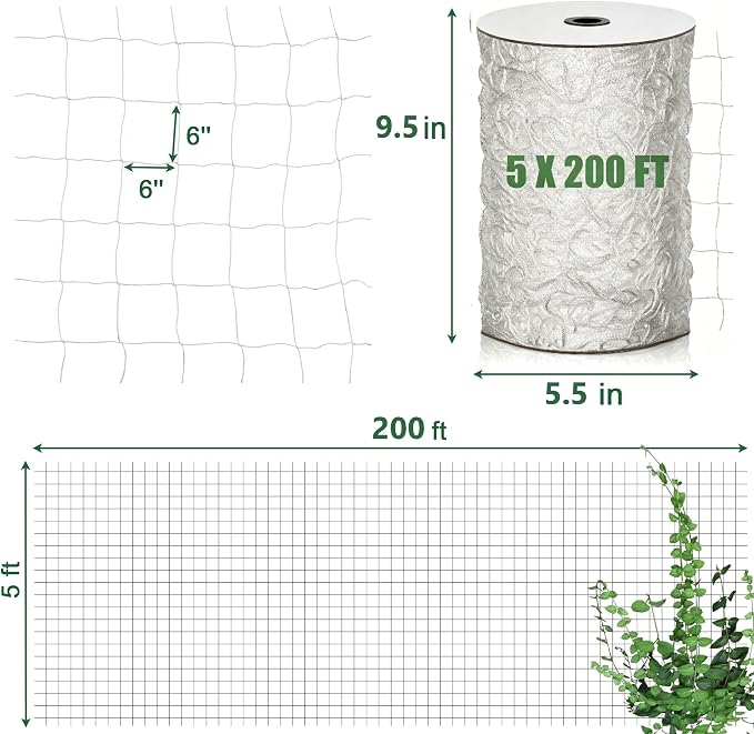 Nylon Trellis Netting Roll 5 x 200 ft, Oltara Heavy Duty Garden Netting with 6 Inch Soft Mesh, Plant Support Mesh for Climbing Plants, Vegetables, Fruits, Cucumbers, Peas, Tomatoes