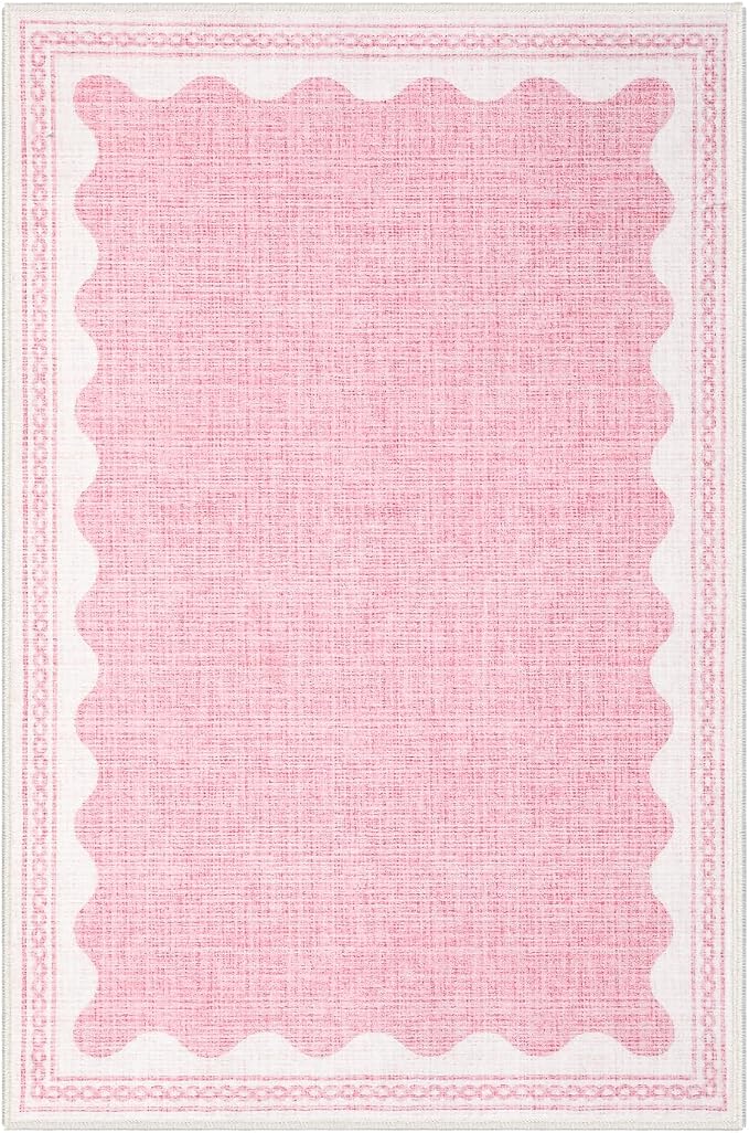 2x3 Scalloped Area Rugs Pink Washable Entryway Bedroom Rug | Solid Small Area Rug Non Slip Scalloped Bath Mat, Front Door Mat Indoor Entrance,Soft Girls Nursery Dorm Carpet for Kitchen