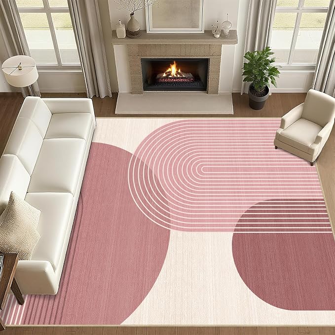 9x12 Large Area Rug for Living Room Boho Rug Bohemian Rugs Machine Washable Modern Geometric Rug Non Slip Printed Low Pile Indoor Floor Carpet for Dining Room Bedroom Office,Pink
