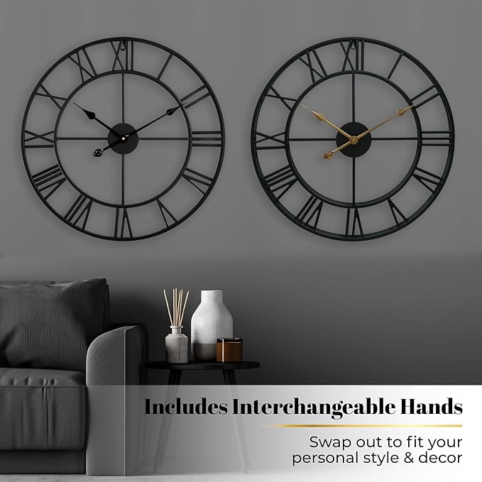 CLXEAST Silent 24 Inch Wall Clocks for Living Room Decor, Large Black Metal Roman Numeral Wall Clocks for Modern Farmhouse Home Decor,House Warming Gifts New Home