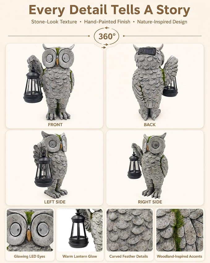 Solar Owl Statue Outdoor Decor | Stone-Look Resin Owl Garden Sculpture with Glowing Eyes & Hanging Lantern | Realistic Weathered Finish for Patio, Lawn, Porch, Flower Bed | Gardening Gift