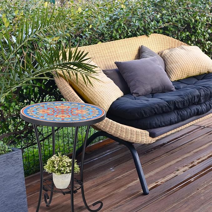 VCUTEKA Outdoor Side Table Mosaic Patio Table Accent Tables Mosaic Tile Top Metal Frame Small End Tables Porch Beach Patio Garden Balcony Blue 14''