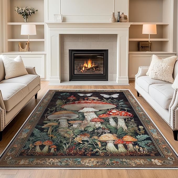Botanical Mushroom Area Rug for Living Room Vintage Butterfly 5x7 Entryway Rug Modern Farmhouse Mushrooms Rugs Non Slip Low Pile Machine Washable Floor Carpet for Indoor Bedroom Dining Room Kitchen