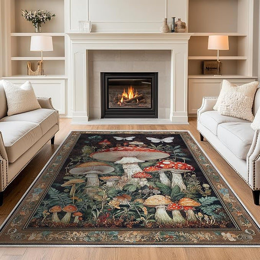 Botanical Mushroom Area Rug for Living Room Vintage Butterfly 5x7 Entryway Rug Modern Farmhouse Mushrooms Rugs Non Slip Low Pile Machine Washable Floor Carpet for Indoor Bedroom Dining Room Kitchen