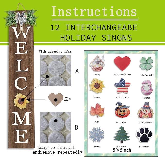 flowtorely Interchangeable Outdoor Welcome Sign for Front Porch Standing 47"×8" Set of 3 Large Wood Frame with 12 Pcs Icons Vertical Tall Leaner Outside Welcome Sign for Front Door Decor (Wood)