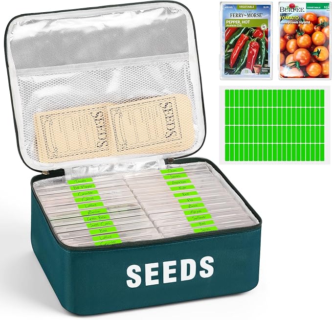22 Slots Seed Storage Organizer Box with 30 Seed Envelopes & 84 Labels, Large Capacity Seed Packet Organizer Case, Waterproof Oxford Fabric Seed Vault Container for Garden Seed Organizer, Green