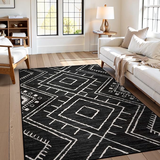 LIVEBOX Western 5x7 Area Rug, Black Washable Rugs for Living Room Bedroom, Non Slip Moroccan Tribal Rug Low Pile Modern Geometric Boho Area Rugs Diamond Carpet for Dining Room Home Office Playroom
