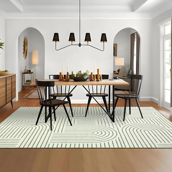 ROYHOME Modern Washable Rug 9x12 Area Rugs for Living Room Non Slip, Green | Abstract Rug for Bedroom, Rainbow Throw Rugs with Rubber Back, Low Pile Stain Resistant Boho Geometric Carpet for Dining Room