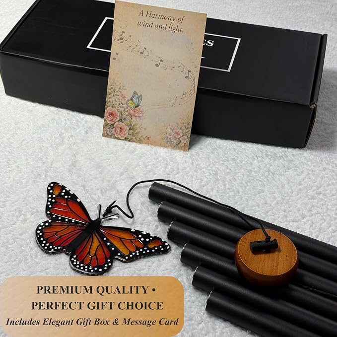 Monarch Butterfly Wind Chimes for Outside - Glass Pendant Hanging Butterfly Decorations- Deep Tone Memorial Windchime for Garden, Porch Decorations - Wind Chimes for Women, Mother's Day, Grandma