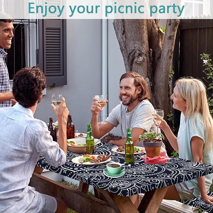 Picnic Table Cover with Bench Covers 6FT 3PCS, Camping Essentials,Rectangle Fitted Camping Tablecloth Waterproof with Elastic Edge for Indoor Outdoor Patio, 96in, Black and White