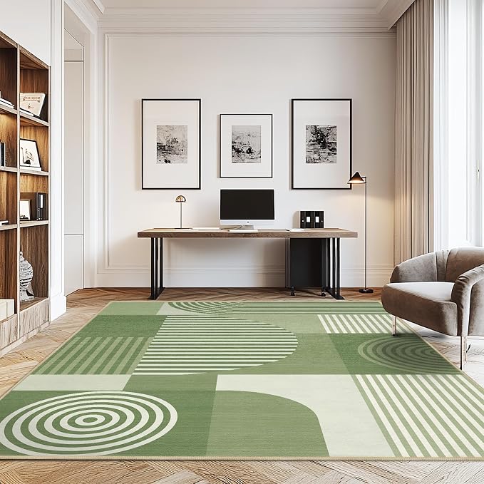 8x10 Area Rug for Living Room Green Geometric Rug Machine Washable Minimalist Line Mid Century Modern Area Rugs Non Slip Low Pile Large Dining Room Indoor Floor Carpet for Bedroom Kitchen Office,Green