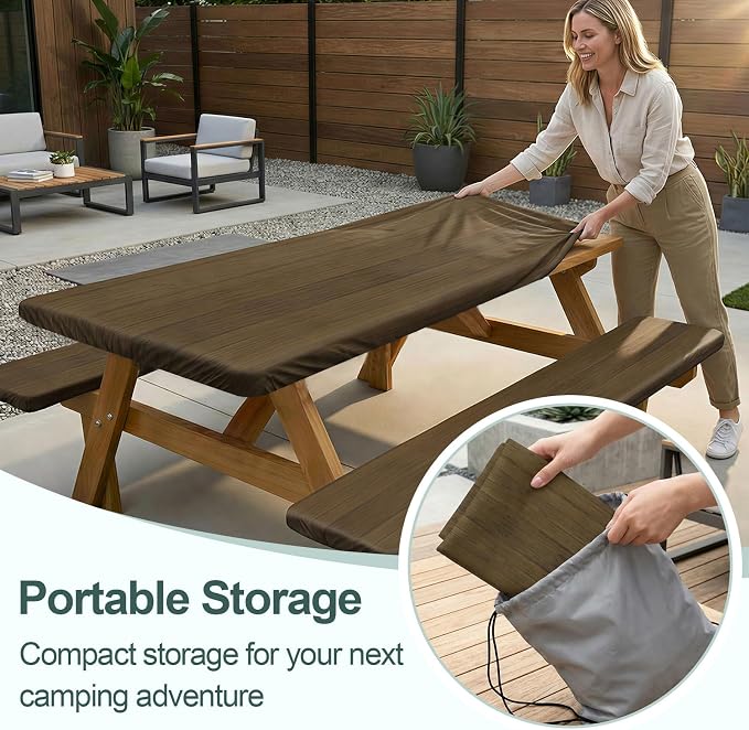 Play Tailor Picnic Table Cover with Bench Covers Camping Essentials Waterproof Windproof Camping Tablecloth with Drawstring Bag, Fitted Rectangle Tables and Seats, 72in, Dark Brown