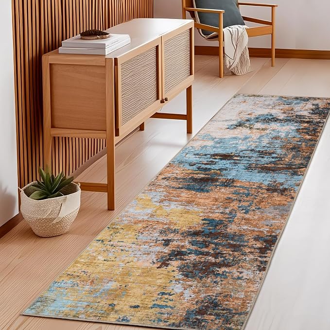 GarveeHome Modern Abstract Runner Rug 2.5x8 Hallway Rug Yellow | Non-Slip Backing, Stain-Resistant Low Pile Floor Cover, Colorful Indoor Mat, Bedroom, Kitchen, Laundry