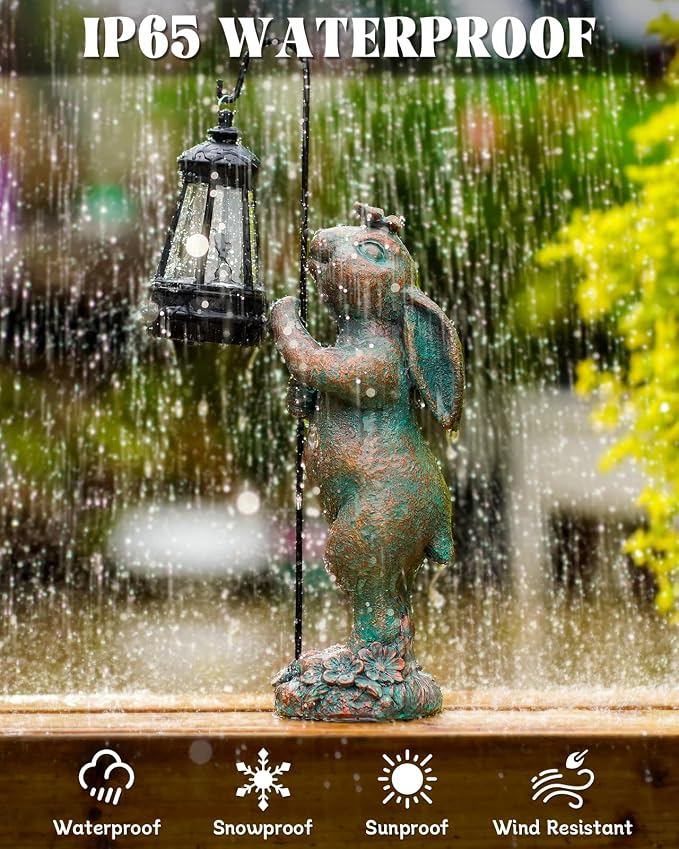 Pohabery Garden Statues Outdoor Bunny with Solar Lantern – Rabbit Yard Decor, Waterproof Resin Figurine Pathway Light for Easter Housewarming Gifts for Lawn & Patio