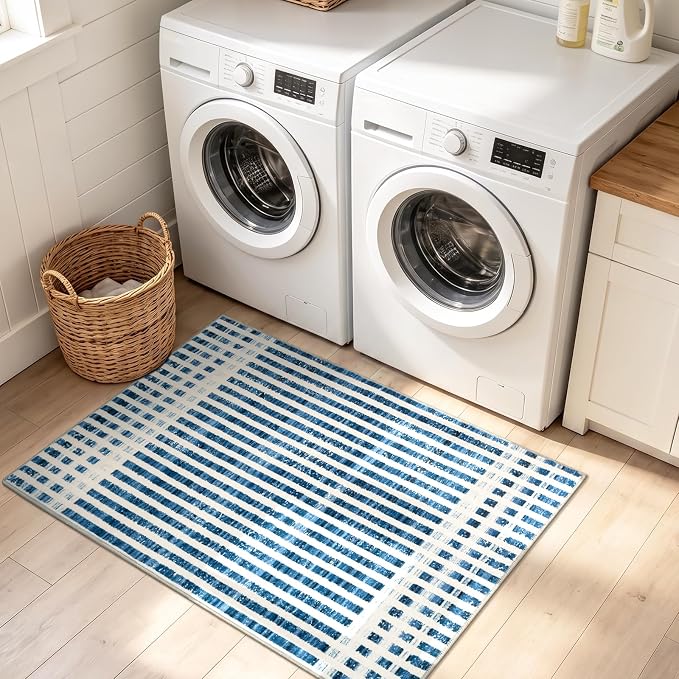 Washable 2x3 Modern Striped Area Rug, Abstract Small Throw Rug for Entryway | Beige Blue, Soft Low Pile, Skin Friendly, Non-Slip for High Traffic, Entrance Vintage Coastal Nautical Style Home Decor