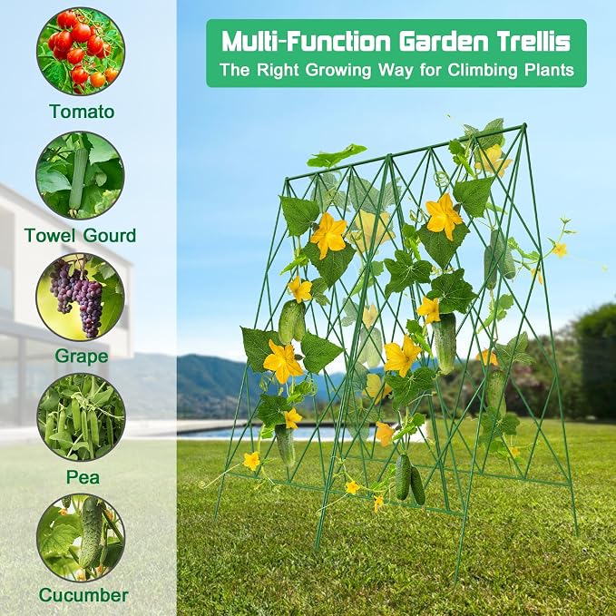DoCred Cucumber Trellis, 39.4" H 2 Pack Metal Foldable Thickened A Frame Garden Trellis for Raised Bed Climbing Plants, Vegetables, Including Plant Support Clips, Twist Ties, Plastic Ties, Green