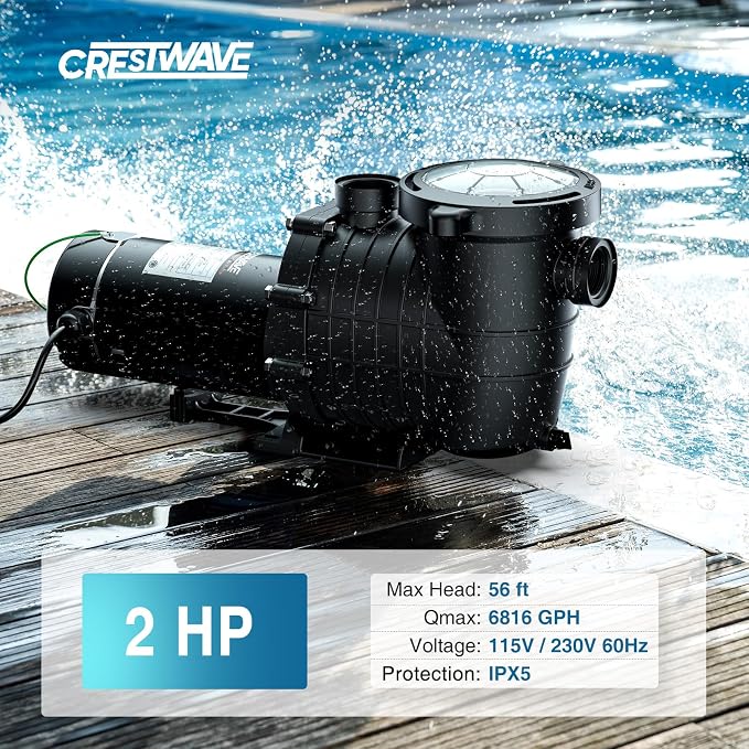 CrestWave 2 HP In/Above Ground Pool Pump Dual Voltage 115V/230V | 6816GPH High Flow Self-Priming Pump, Low Noise Heavy Duty w/Large Strainer Basket, 3-Size Connectors (1.5", 2", 1.25"-1.5")