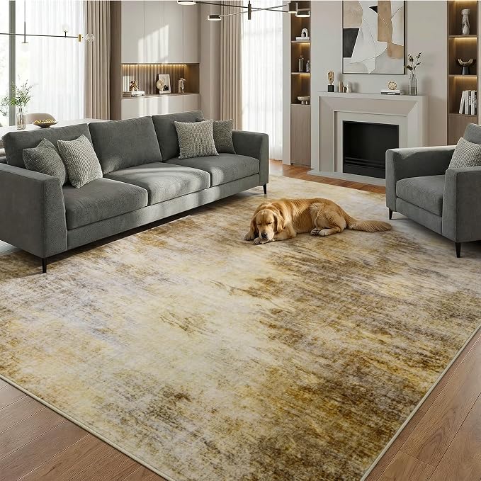 5x7 Washable Rug Abstract Watercolor Mid-Century Modern Waterproof | Non-Skid TPR Backing, Thin Low Profile Carpet for Living Room, Bedroom, Entryway, Dorm, High Traffic Area Use, Golden Fall