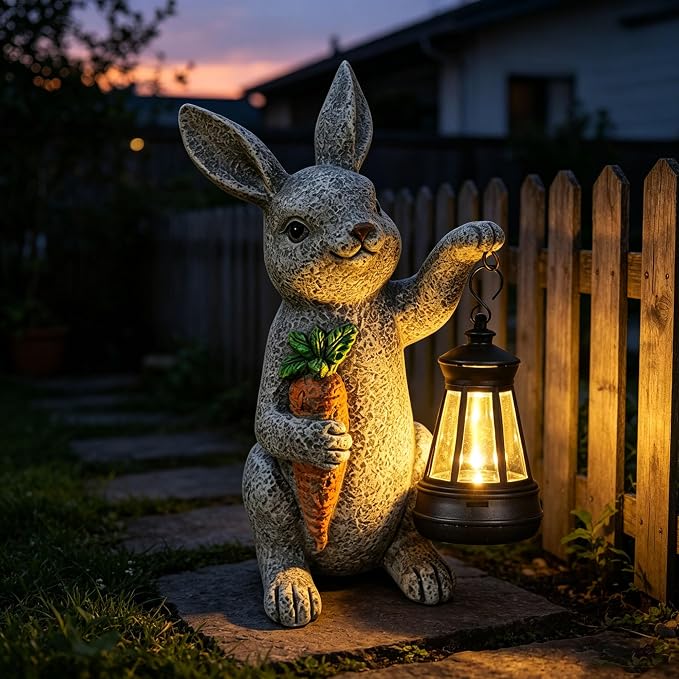 Garden Statues Rabbit Solar Lantern Outdoor Handmade Resin Statue Bunny with Cute Carrot for Patio, Yard, Mother's Day Gift Ideas