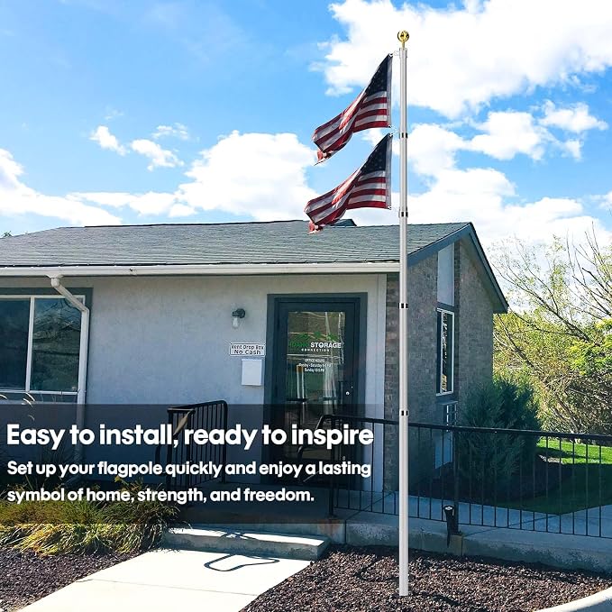 16FT Telescoping Flag Pole for Outside House, Extra Thick Telescopic Flagpole with USA Flag, Inground Outdoor Use, Camper RV, Residential & Commercial, Complete Hardware & Top Ball (Silver)