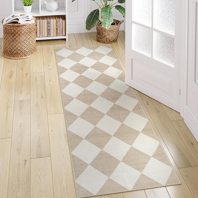 Beeiva Checkered Print Carpet Runners for Hallway 6ft, Beige Ultra Thin Washable Kitchen Runner Rug Non Slip, Moroccan Plaid Checkerboard Decor Faux Wool 2x6 Rug for Bedroom Bathroom Entryway