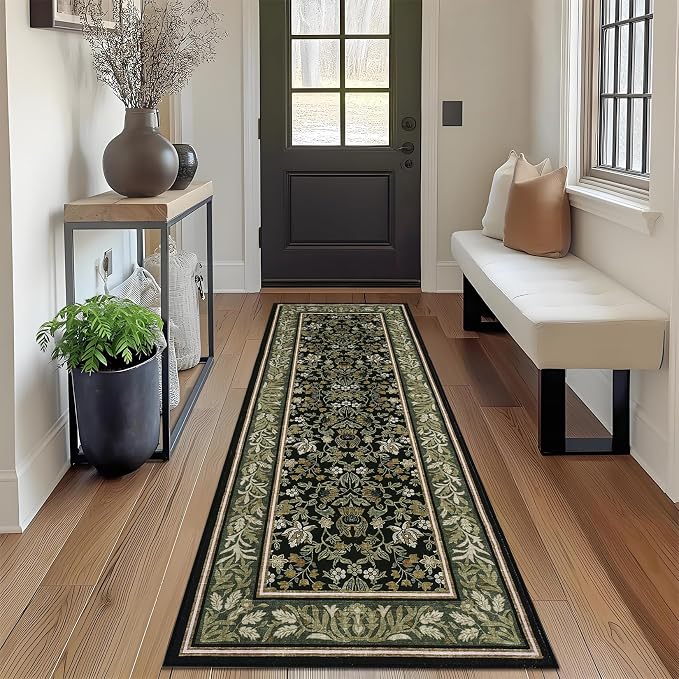 GarveeHome 2x6 Runner Rug Non Slip Washable Runners for Hallway Green Black | Boho Vintage Runner Rugs with Rubber Backing Soft Low-Pile Stain Resistant Indoor Long Carpet for Kitchen Entryway Bedroom