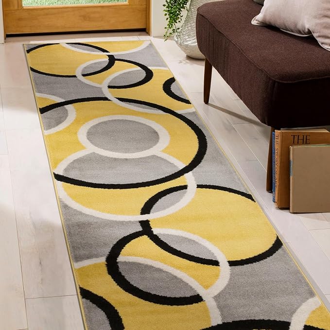 Rugshop Abstract Circles Contemporary Runner Rug Yellow 2' x 7'2" | Non-Shedding, Runner, Size 2' x 7'2", Living Room, Bedroom, Dining Room, Home Office, Kitchen, Entryway, Hallway, Nursery