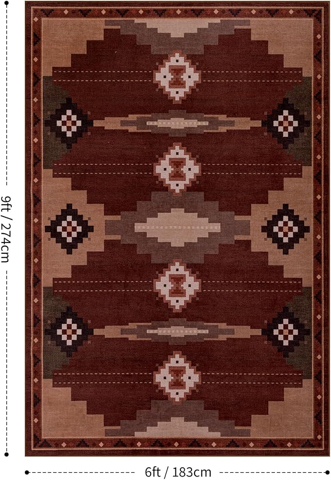 6’x9’ Washable Western Red Aztec Area Rug for Living Room | Non-Slip, Soft, Low Pile, Southwestern Retro Navajo Rug for Bedroom Dining Room, Red/Brown