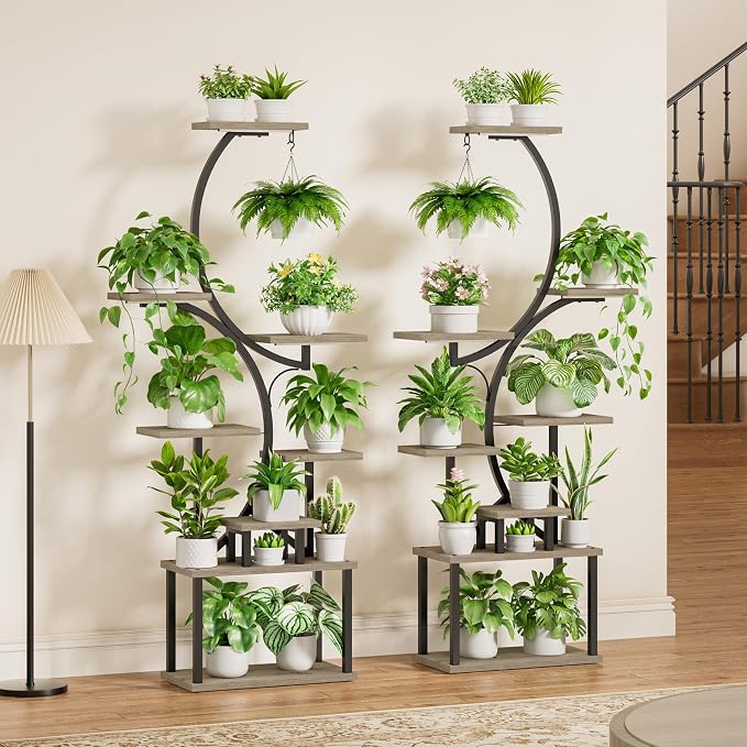 BACEKOLL Plant Stand Indoor with Grow Light - 2 Pack Tall Indoor Plant Shelf, 62" Corner Plant Holder, 8 Tiered Large S-Shape Flower Multiple Display Shelf for Home, Grey
