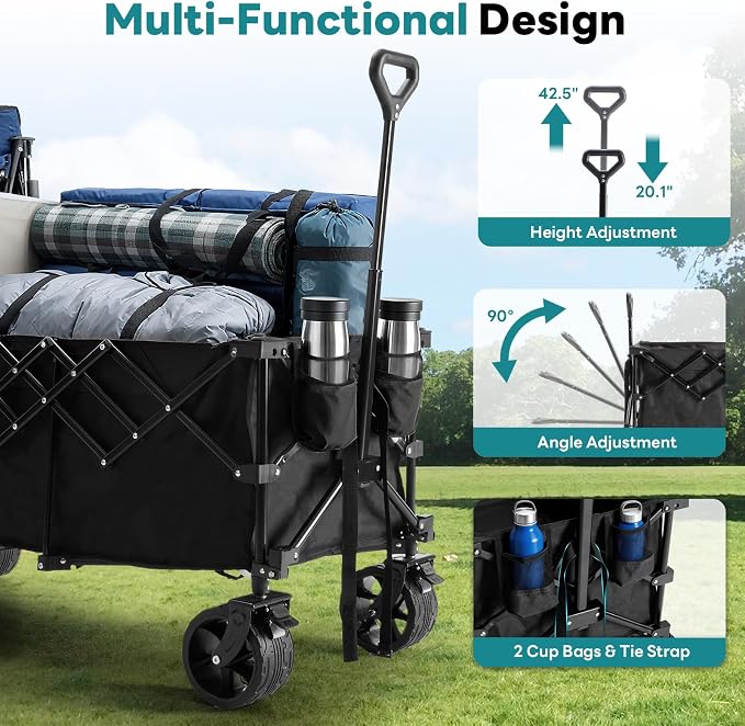 OLIXIS Collapsible Wagon Cart - 440lbs Foldable 49" Extra Long Heavy Duty Utility Wagon with Wheels, Portable Storage Grocery Cart for Camping, Shopping, Sports, Beach, Garden, Black