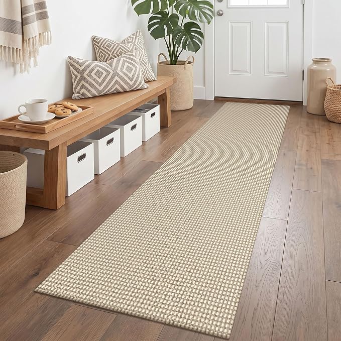 KOZYFLY Runners for Hallways 2x6 ft Washable Kitchen Runner Non Slip Rubber Backed Hall Runners Cotton Entryway Runner Rugs for Indoor Backdoor Bedroom Kitchen, Ivory/Camel/Brown