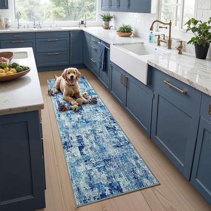 Toneed Washable 2x6 Non-Slip Abstract Runner Rug for Hallway Kitchen | Soft Modern Low Pile Area Rugs for Bedroom Laundry Living room,Indoor Carpet for Bedside Home Decor, Denim Blue