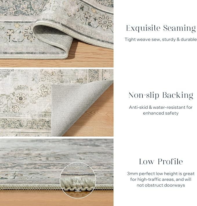 Phantoscope Washable Area Rug 8'x10' Non-Slip, Vintage Neutral Rugs for Living Room, Bedroom, Dining Room, Distressed Boho Medallion Pattern, Low-Pile Foldable Floor Carpet, Silver Grey/Taupe