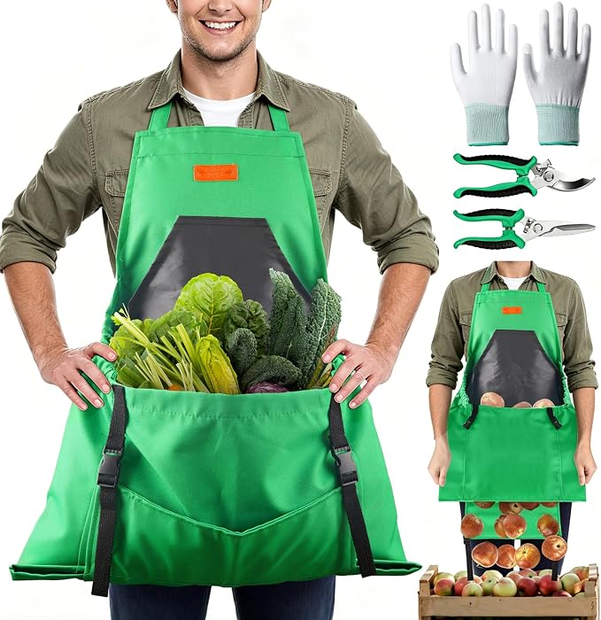 4PCS Harvest Apron Set, Gardening Apron with Adjustable Cross Strap & Multi-Pocket for Men Women, Includes Curved & Straight Garden Shears & Non-Slip Gloves, for Gardening, Harvesting