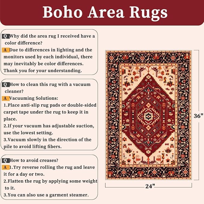 SERISSA 2x3 Washable Non Slip Boho Small Area Rug for Entryway，Red Black | Ultra Soft Vintage Oriental Carpet Low-Pile Tribal Indoor Mat for Bedroom Kitchen Bathroom Entrance Floor