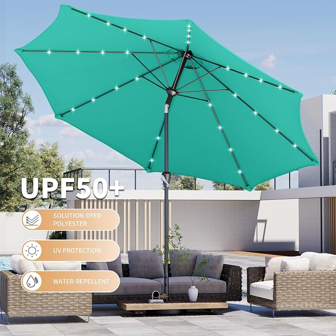 Kingdura 9FT Outdoor Patio Umbrella with Solar Lights, Market Table Umbrella with Push Button Tilt & Crank, 8 Sturdy Ribs, 32 LED Lights, UV Protection for Garden Lawn Deck Backyard Pool (Tiffany blue)