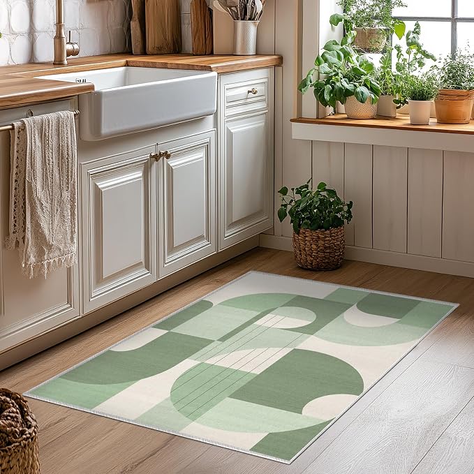 2x3 Green and White Geometric Boho Rug for Bathroom Entryway Abstract Area Rug Machine Washable Mat Non-Slip Small Carpet for Bedroom Kitchen Indoor