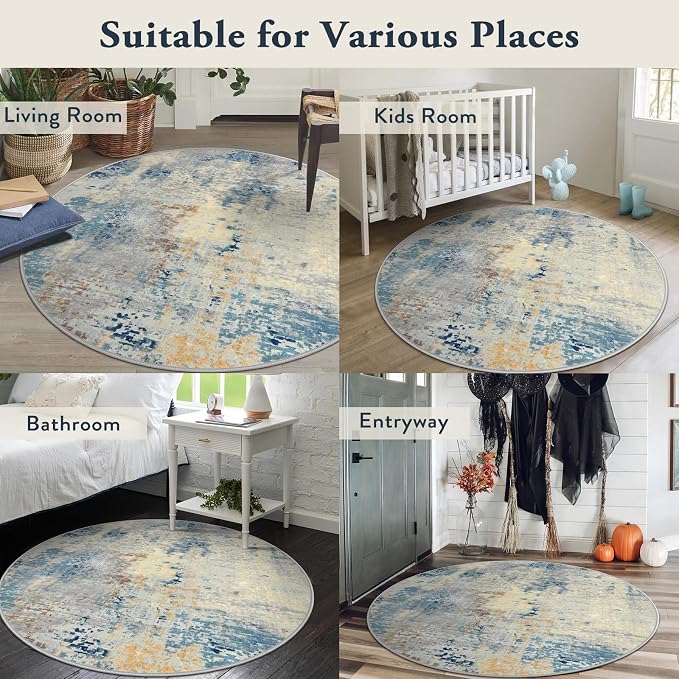 Lahome Modern Abstract Round Rug 4Ft, Blue Washable Front Door Mat Soft 4x4 Circle Rug for Entryway Bedroom Non Slip, Contemporary Indoor Floor Carpet for Living Room Sofa Bedroom Nursery Decor
