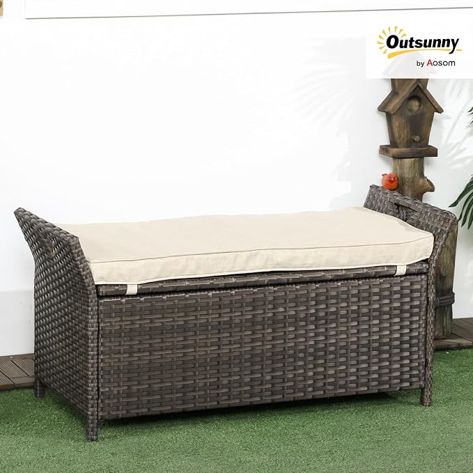 Outsunny 29 Gallon Patio Wicker Storage Bench, Outdoor PE Rattan Furniture, 2-in-1 Large Capacity Rectangle Garden Storage Box with Handles and Cushion, Cream White