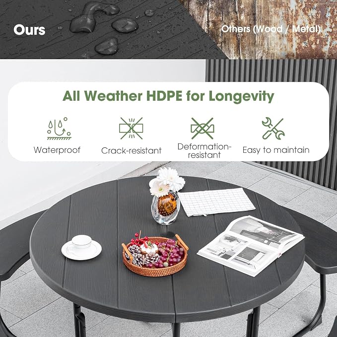 Round Picnic Table for Outdoors, 8 Person Outdoor Picnic Tables & Benches Set with Umbrella Hole, HDPE Tabletop & Metal Frame, 2000 LBS Capacity Table Bench Set for BBQ, Garden, Lawn, Patio
