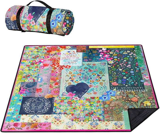 Picnic Blankets Waterproof Foldable Extra Large,80"x 80" Outdoor Beach Blanket Sandproof,3-Layer Lightweight Handy Mat Tote Picnic Camping Rugs for Outside Your Rv (Boho Vintage Floral Muticolor)