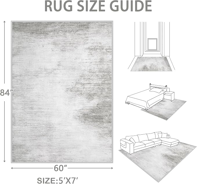 Area Rugs 5x7 Living Room: Washable Rug Modern Abstract Rugs Soft Non Slip Neutral Rug Stain Resistant Indoor Carpet for Bedroom Kitchen Dining Room Nursery Home Office Rugs(Grey,5'x7')