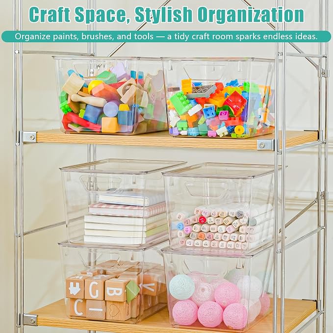 6 Pack Large Clear Storage Bins with Lids, Acrylic Arts and Craft Storage Containers, Stackable Clear Plastic Craft Storage Bins with Handles for Pantry Organizers and Storage, Kitchen, Fridge, Office
