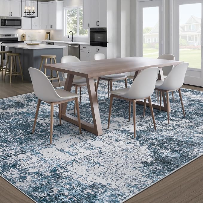 pmtsns Area Rugs 10x14 Living Room: Washable Rug Modern Abstract Neutral Soft Non-Slip Low-Pile Indoor Large Carpet for Bedroom Dining Room Playroom Home Office (Blue Grey, 10'x14')