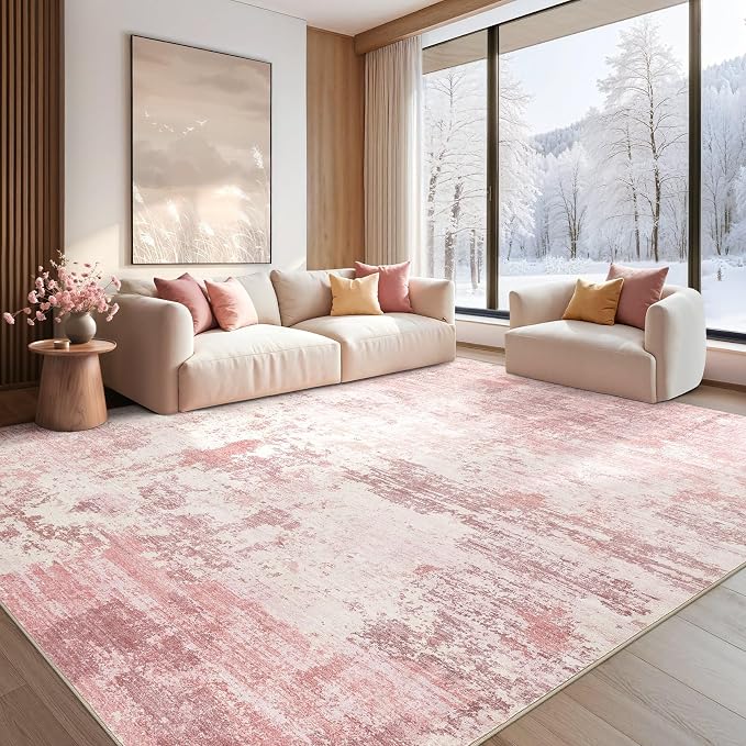 UERMEI 9x12 Area Rug Living Room Rugs - Washable Neutral Modern Abstract Soft Thin Large Rug Indoor Floor No Slip Rug Carpet for Bedroom Under Dining Table Home Office Decor - Pink